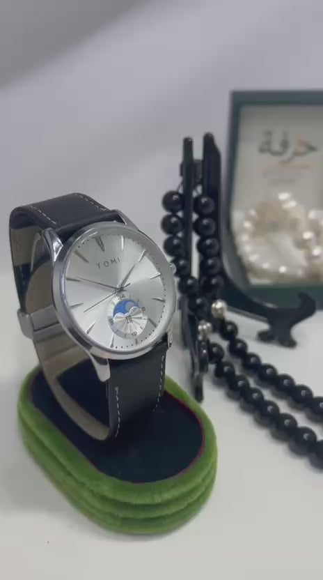 مسبحة زجاج اسود + ساعة